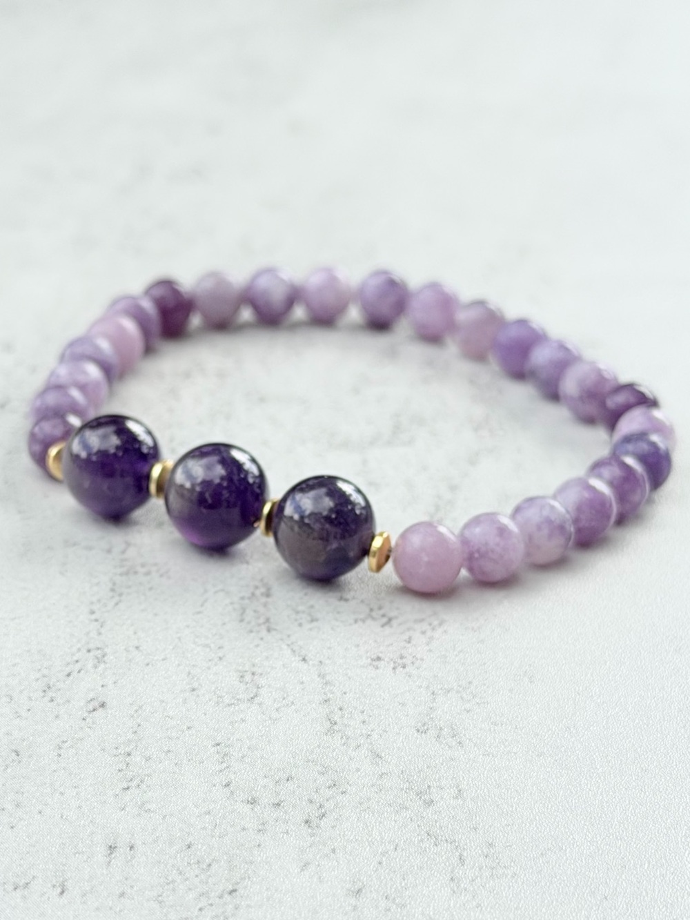 10mm AAA Zambian Amethyst & 6mm Lepidolite Stretch Bracelet Gold Accents 6.75”
